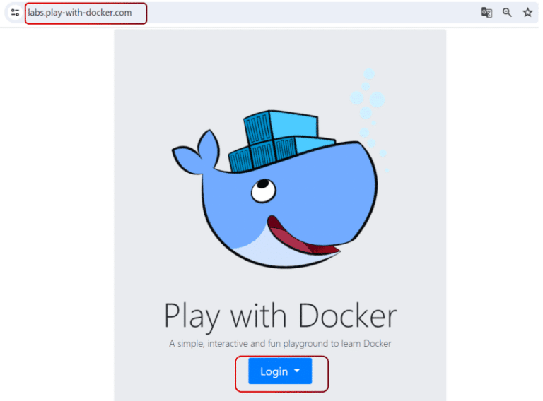 Capture d'écran montrant la première interface utilisateur de Play with Docker, plateforme d'apprentissage en ligne.