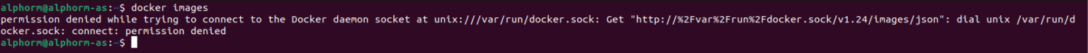 Terminal affichant une erreur lors de l'exécution de la commande Docker sans sudo ou en étant hors du groupe docker.