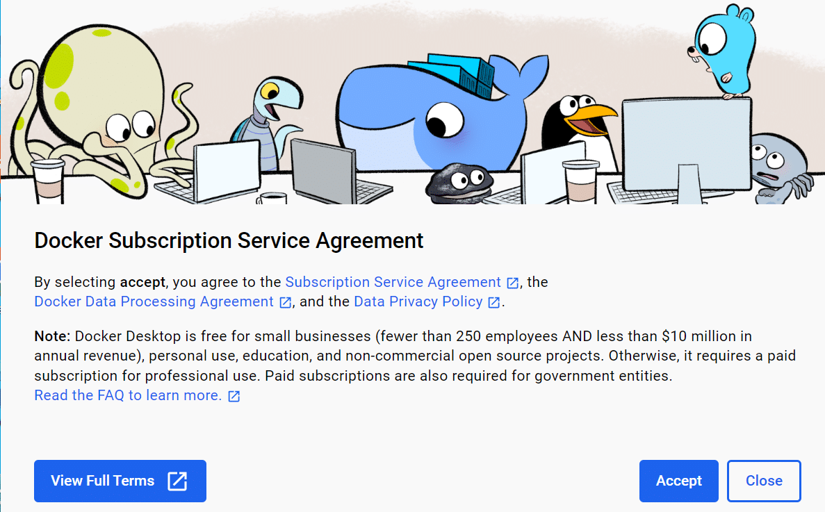 Capture d'écran de l'accord de souscription Docker, détaillant conditions et règles pour les utilisateurs.