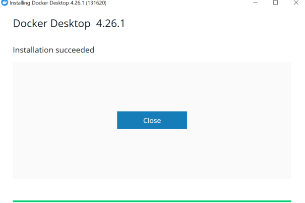 Écran final montrant que l'installation de Docker sur un ordinateur Windows est terminée avec succès.