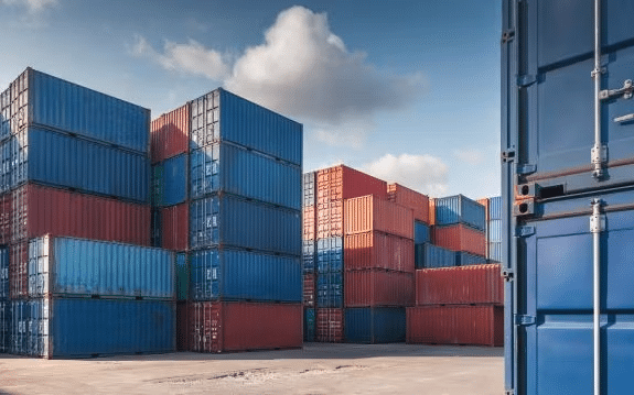 Conteneurs de transport illustrant le concept de Docker dans la logistique réelle, optimisant l'espace et l'efficacité.