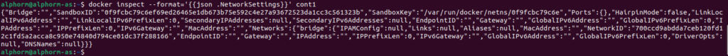 Commande docker inspect --format='{{json .NetworkSettings}}' nom_conteneur affichant les paramètres réseau en format JSON.