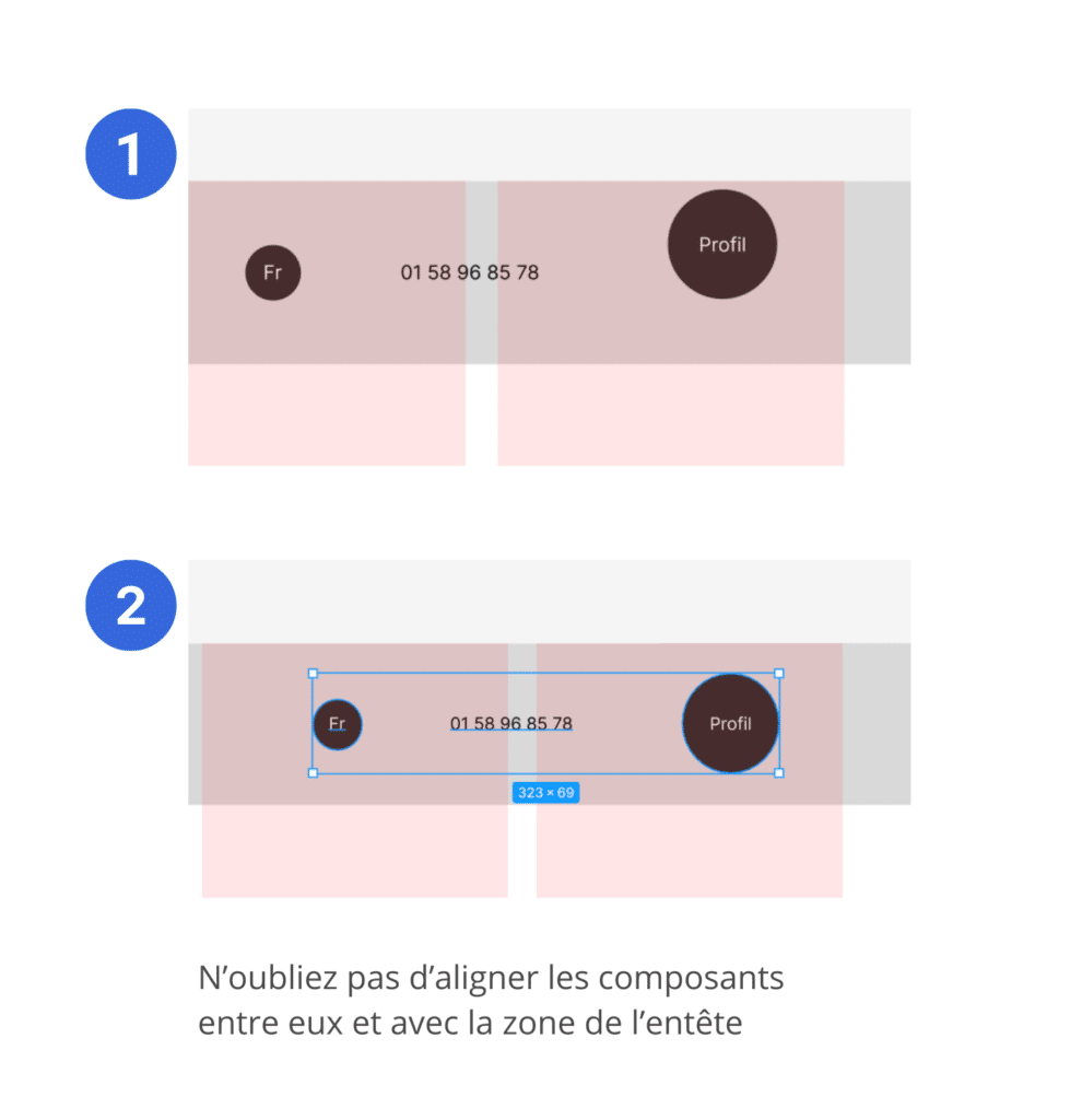 Divers composants de l'entête illustrés dans un wireframe Figma.