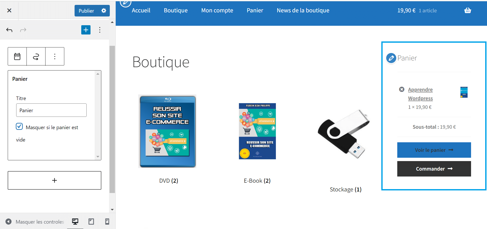 Interface du widget Liste des produits dans WooCommerce sur WordPress.