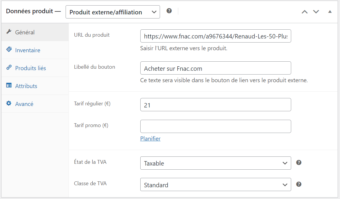 Interface de la page Boutique dans WooCommerce sur WordPress.