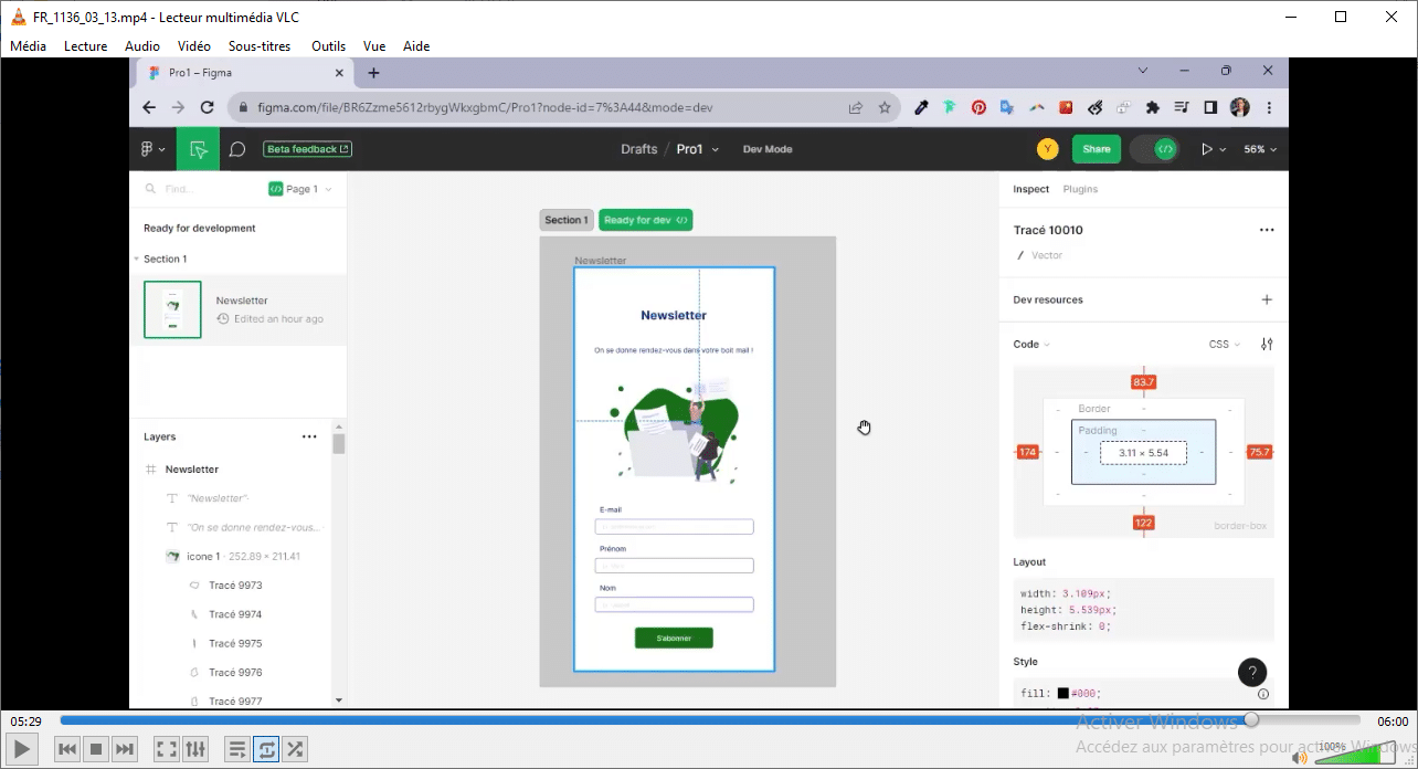 Vue du mode développement dans Figma pour inspecter les éléments
