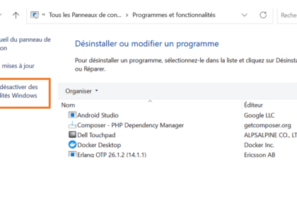 Menu pour activer fonctionnalités Windows.