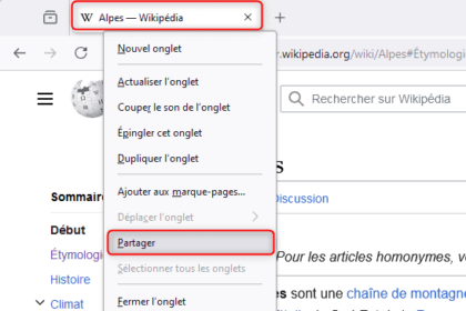 Menu Firefox avec option Partager visible