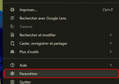 Menu paramètres Chrome dans options