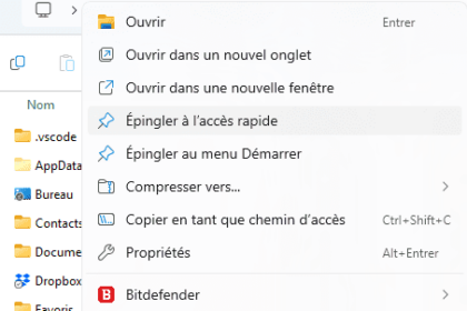 Menu épingler à l'accès rapide Windows