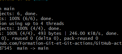 Terminal exécutant la commande git push main
