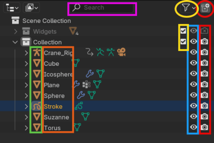 Capture de l'outliner Blender avec des objets listés