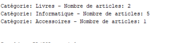 Catégories et nombre d'articles listés