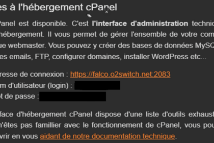 Accès cPanel hébergement avec infos de connexion