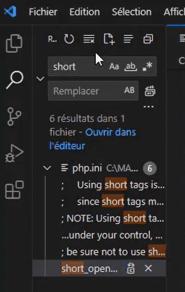 Recherche de short tags PHP dans VSCode