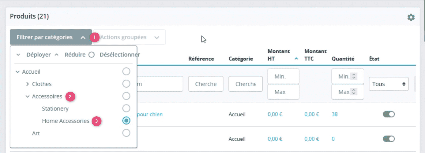 Interface de filtre de produits PrestaShop