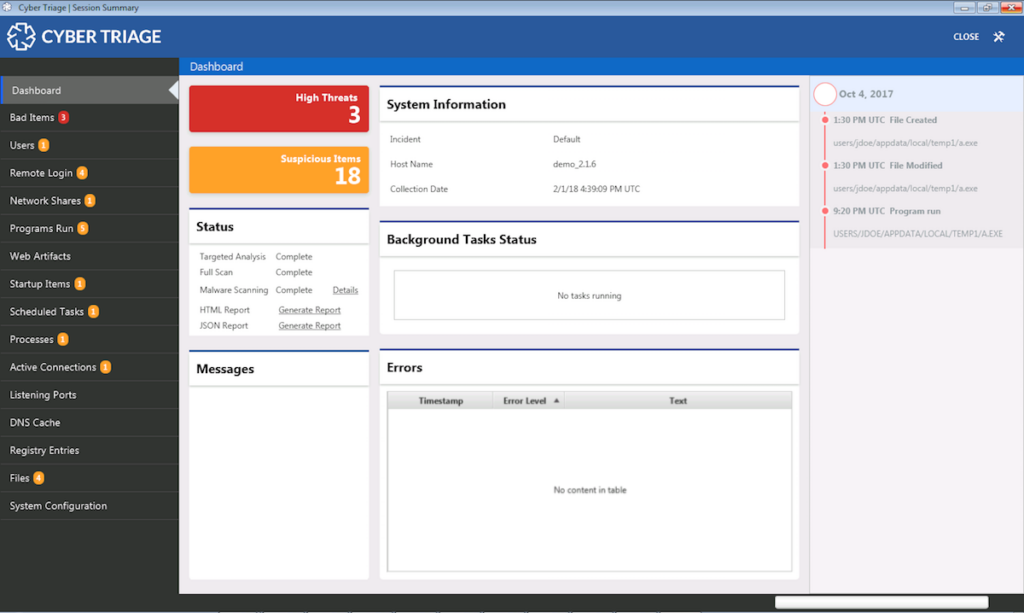 Tableau de bord Cyber Triage montrant menaces et analyses