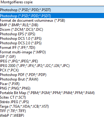 Menu des formats d'image dans Photoshop
