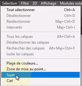 Menu Photoshop avec options de sélection