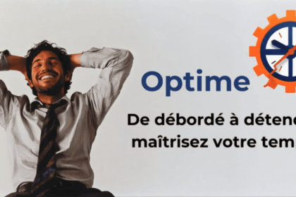 Homme relaxé avec logo Optime et slogan temps
