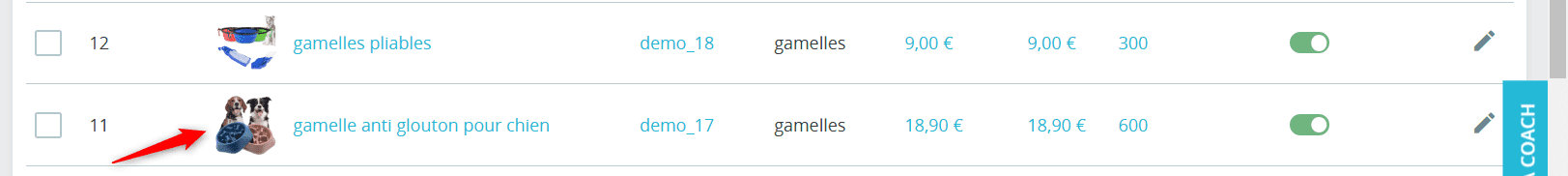 Capture d'écran de la liste de produits PrestaShop