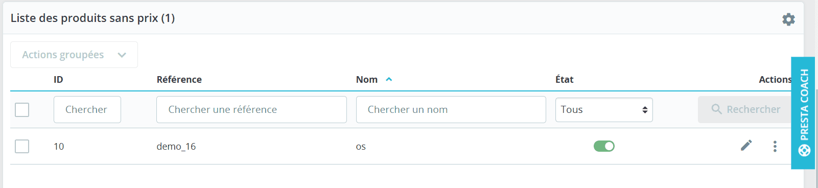 Tableau des produits sans prix avec options de recherche