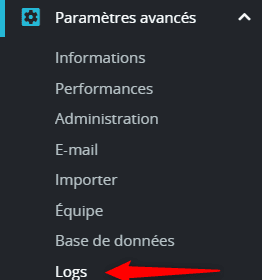Menu PrestaShop montrant l'option Logs