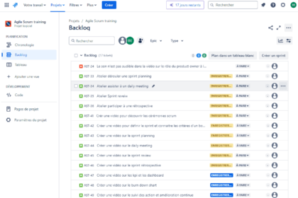 Vue du backlog pour le sprint planning