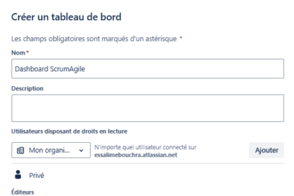 Interface création tableau de bord Jira