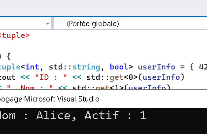 Code C++ utilisant std::tuple et son résultat