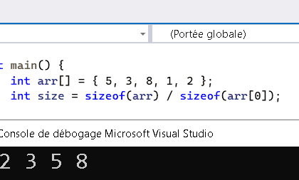 Code C++ affichant un tableau et sa taille