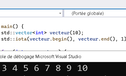 Code C++ utilisant iota dans Visual Studio