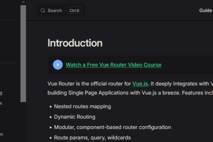 Interface d'accueil Vue Router avec menu et texte