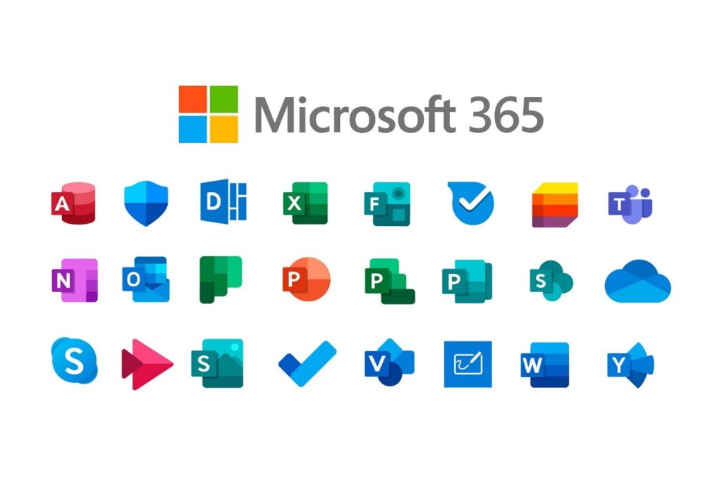 Illustration des icônes des applications Microsoft 365, incluant Word, Excel, PowerPoint, Teams, OneDrive, Outlook et d'autres outils.