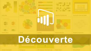 Image illustrant une introduction à Power BI avec des exemples de visualisations de données et le texte 'Découverte' en surimpression.