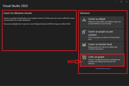 Écran d'accueil Visual Studio 2022 avec options de démarrage.